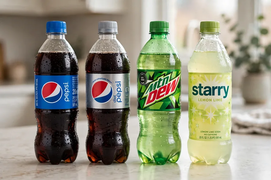 20 oz PepsiCo bottles with their full labels and logos on: Pepsi, Diet Pepsi and Mountain Dew