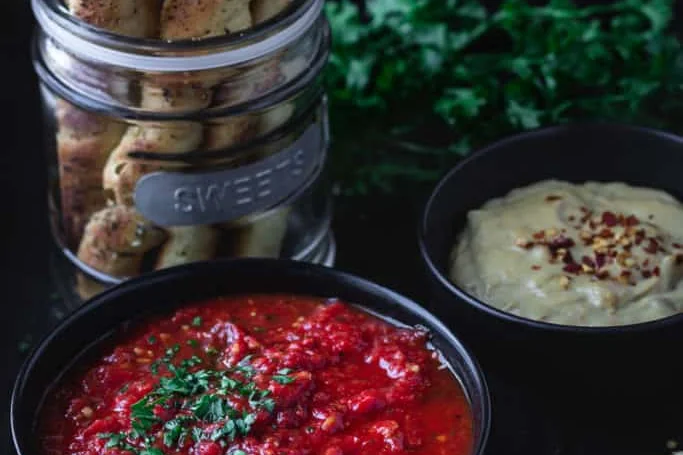 Caesar Dip cups with bread sticks ready for dipping