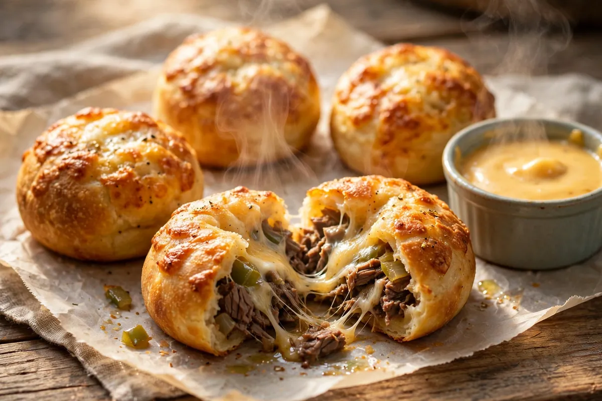 Cheesesteak Crazy Puffs, golden stuffed puffs with shaved steak, peppers, onions and melted cheese, one broken open