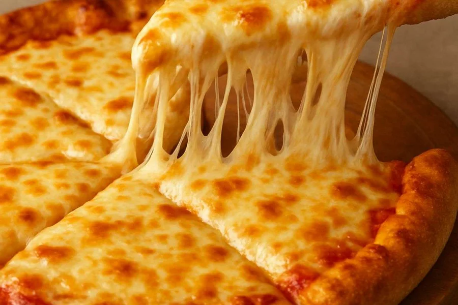 Classic cheese pizza with a slice lifted in a long mozzarella pull