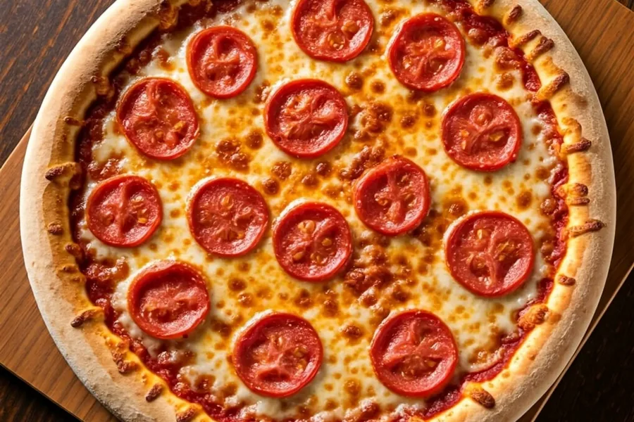 Classic pepperoni pizza with cupped pepperoni, viewed from above