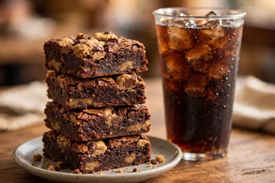 Cookie dough brownie pieces on a plate with a cup of cola