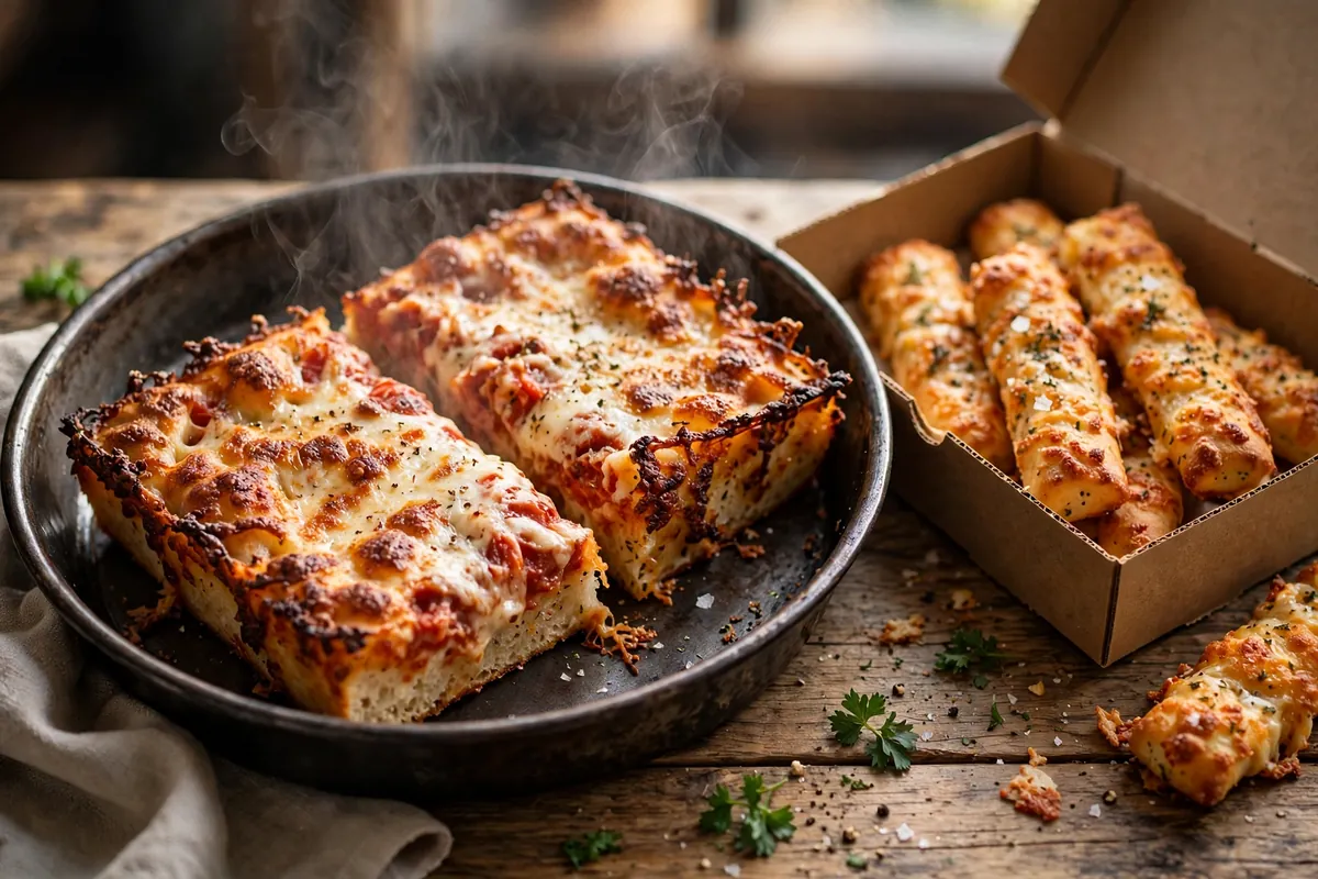 Detroit-Style Slices-N-Stix, thick Detroit-style pizza slices with caramelized cheese edges and a box of cheesy stix