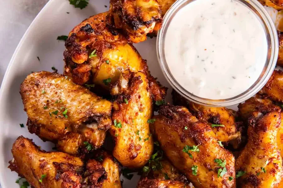 Eight oven-roasted Caesar Wings in a bowl with a dip cup