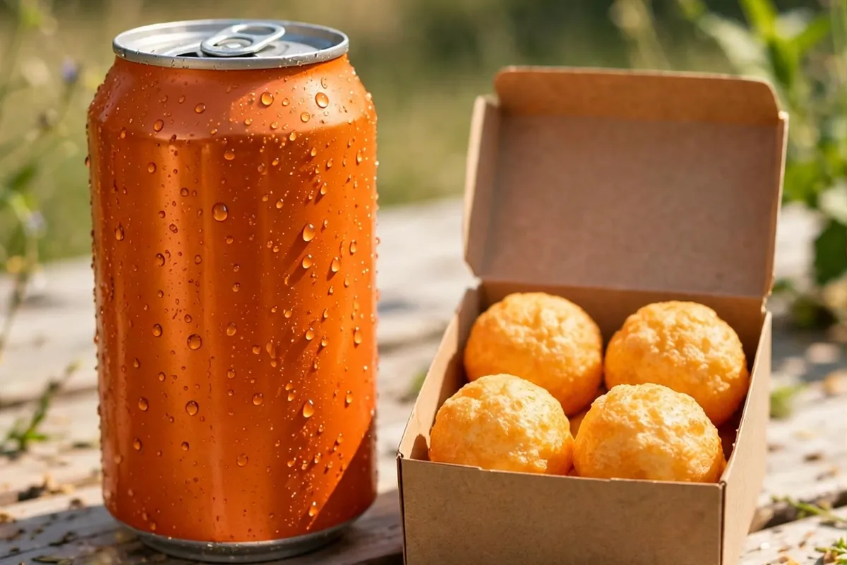 Mountain Dew Mango Rush Crave Combo, a chilled mango soda can with condensation next to a box of four Crazy Puffs
