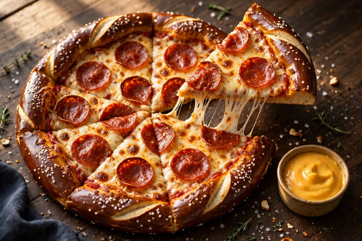 Pretzel Crust pizza with a salted glossy crust and cheese sauce