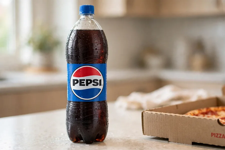 Real 2-liter Pepsi bottle with its blue label wrap and Pepsi logo clearly on the front