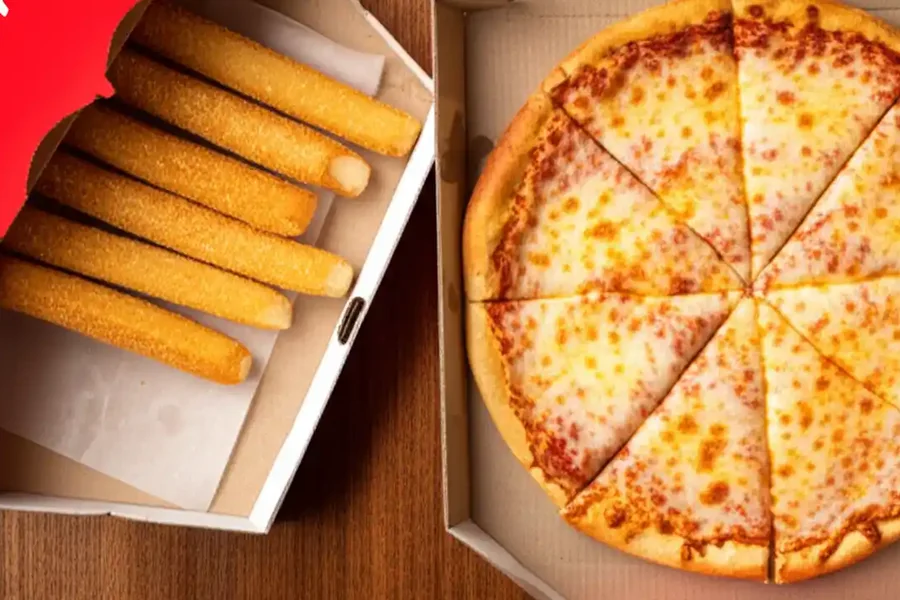 Slices-N-Stix, a whole pepperoni pizza with a box of cheesy stix