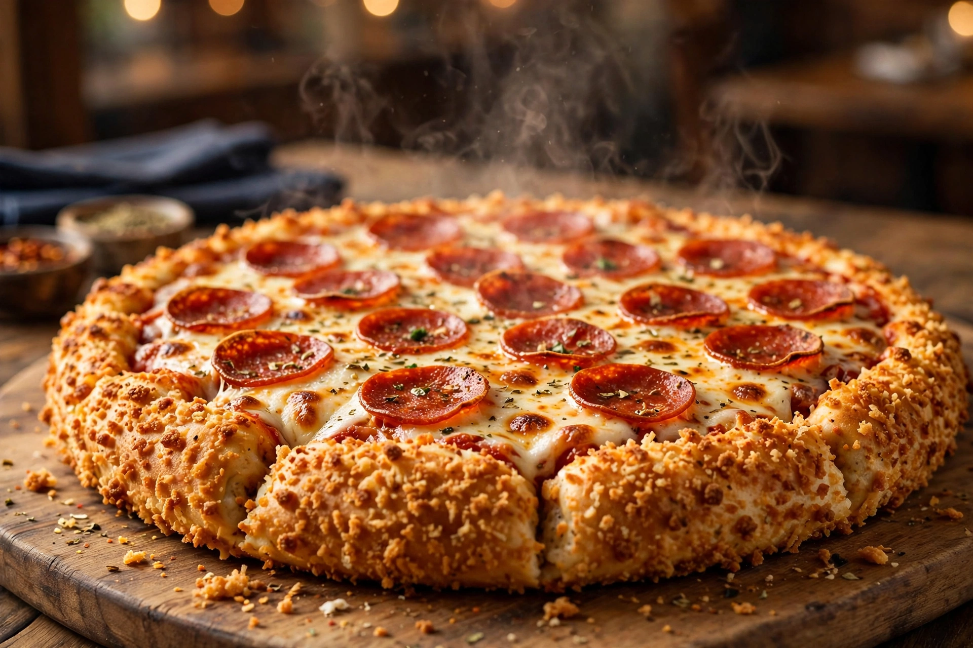 Stuffed Crunch Crust pizza, a slice pulled away showing the cheese filled crust and its crisp crunchy coating